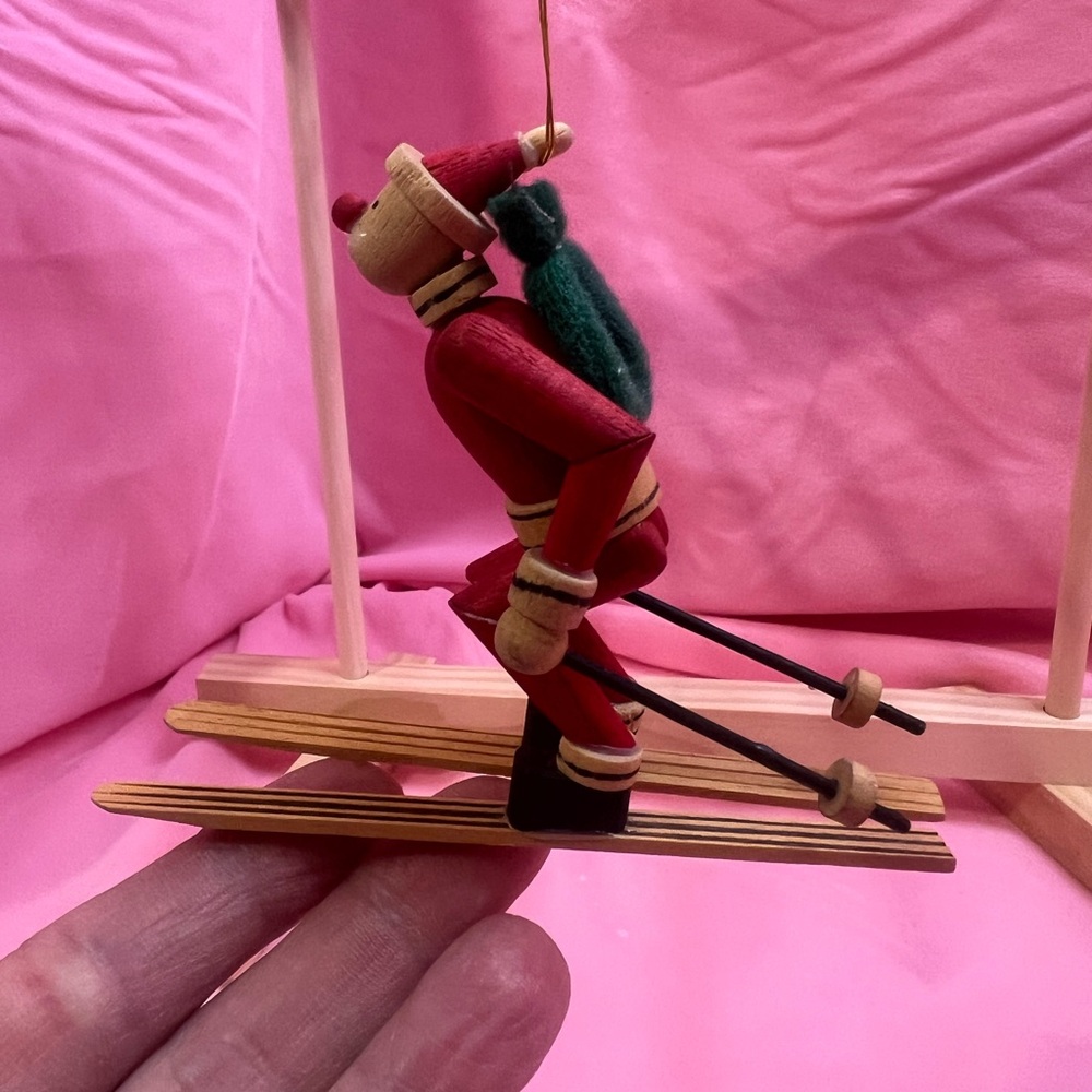 Vintage Wooden Skiing Santa Ornament